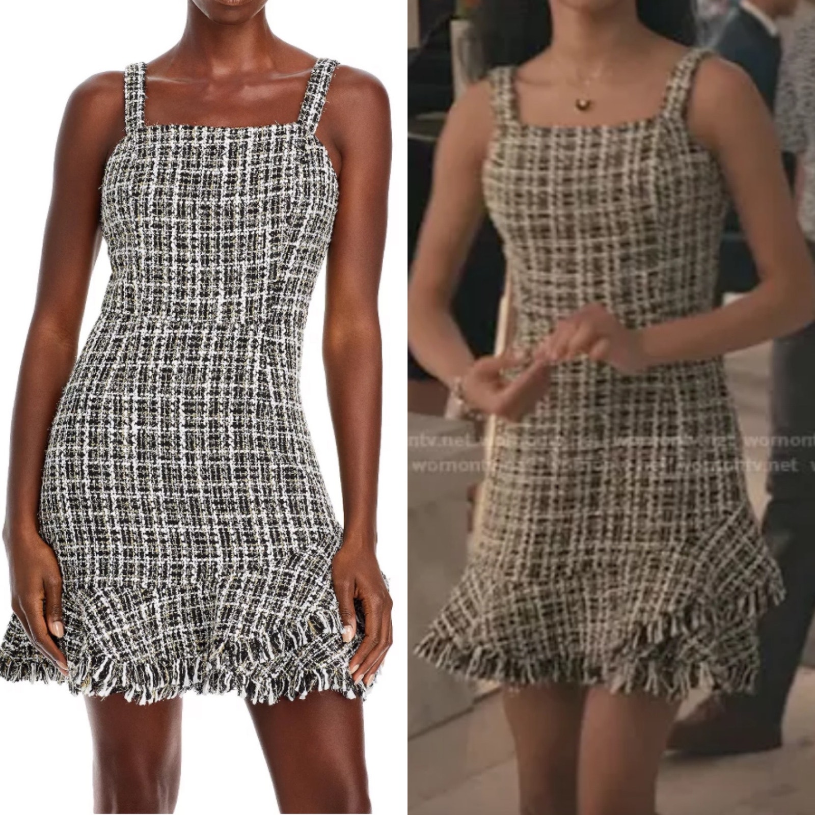 Aqua Women's Black White & Gold Tweed Fitted Ruffle Hem Dress Size S